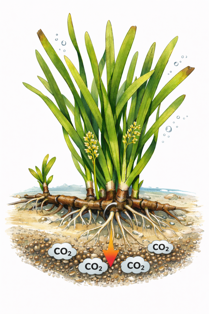 Abbildung 2: Seegraspflanzen binden durch Ihr Wurzelsystem große Mengen CO2 langfristig im Meeresgrund / Grafik: Felix I. Roßbach mit Unterstützung von KI
